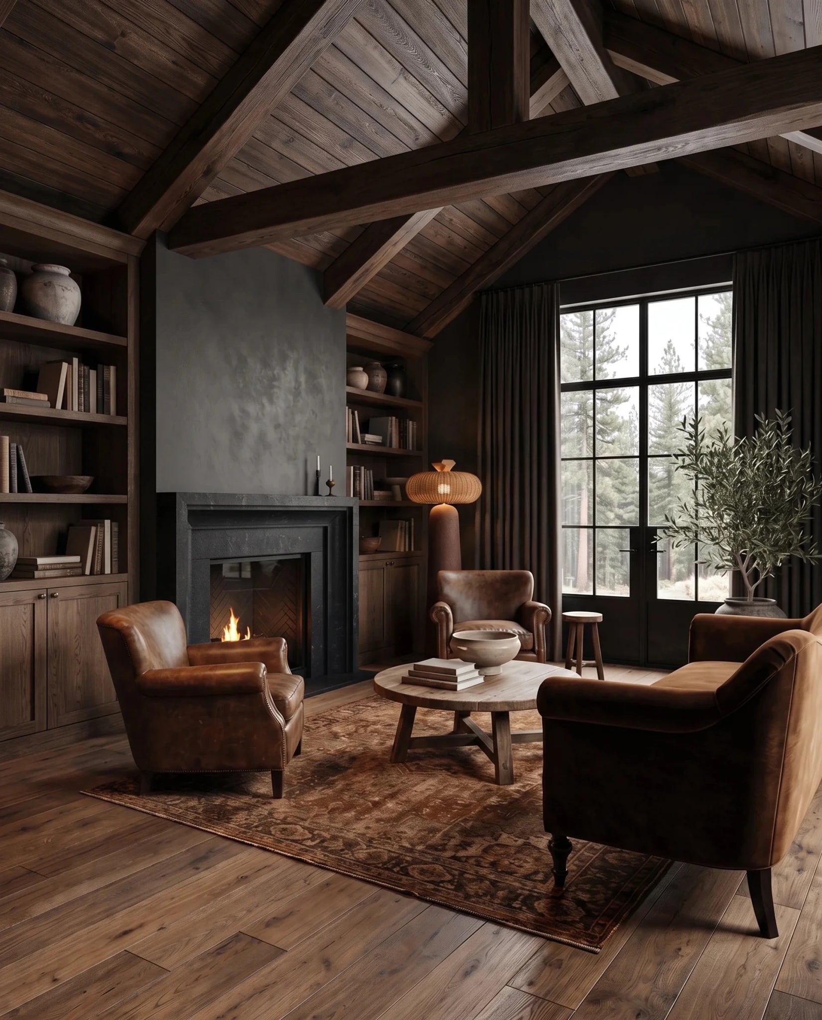 A rustic, cozy living room with dark wood ceiling beams, a black fireplace, leather armchairs, a round wooden coffee table, and a large patterned area rug on a hardwood floor. Rustic Modern Floor lamp rattan shade with terracotta stone base wabi sabi