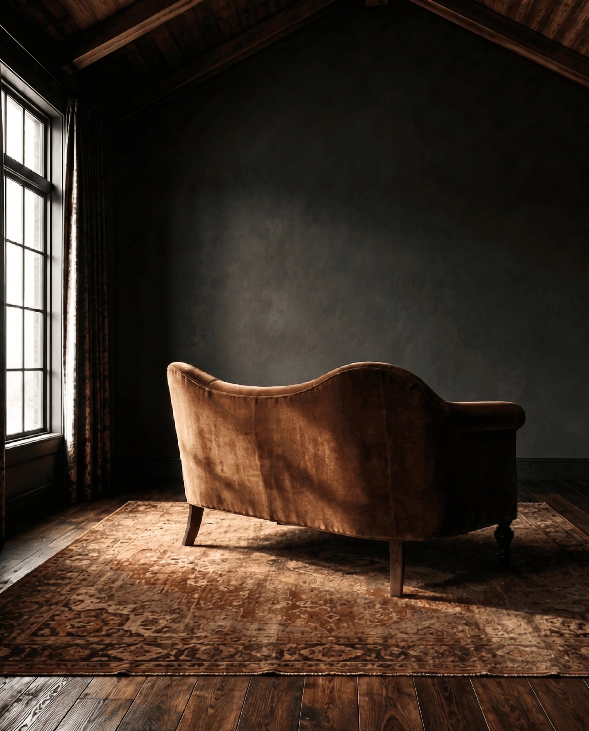 A vintage-style brown velvet armchair is placed on a distressed area rug in a dark, moody room with wooden floors, a window, and a high ceiling. Modern Mountain LIving Room Custom Furniture