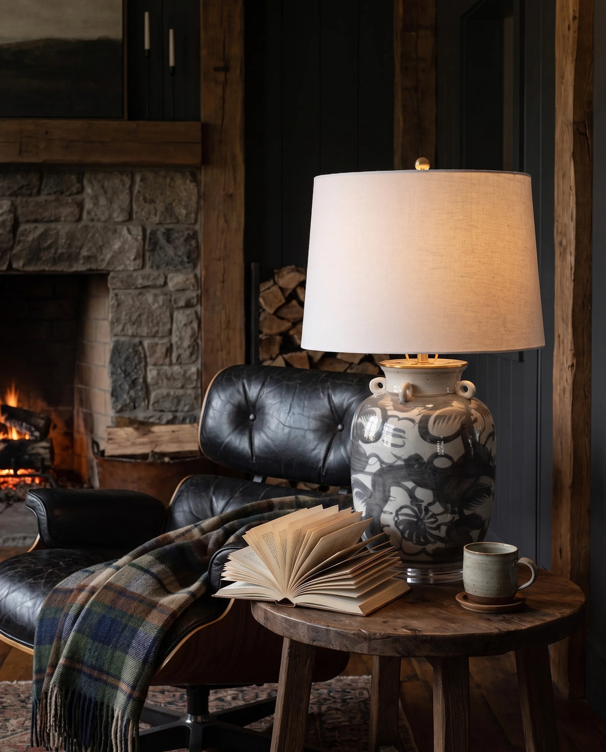 living room furniture modern mountain  table lamp Hello Norden - Aslak Porcelain Hand-Painted Abstract Lamp, styled in a modern rustic room