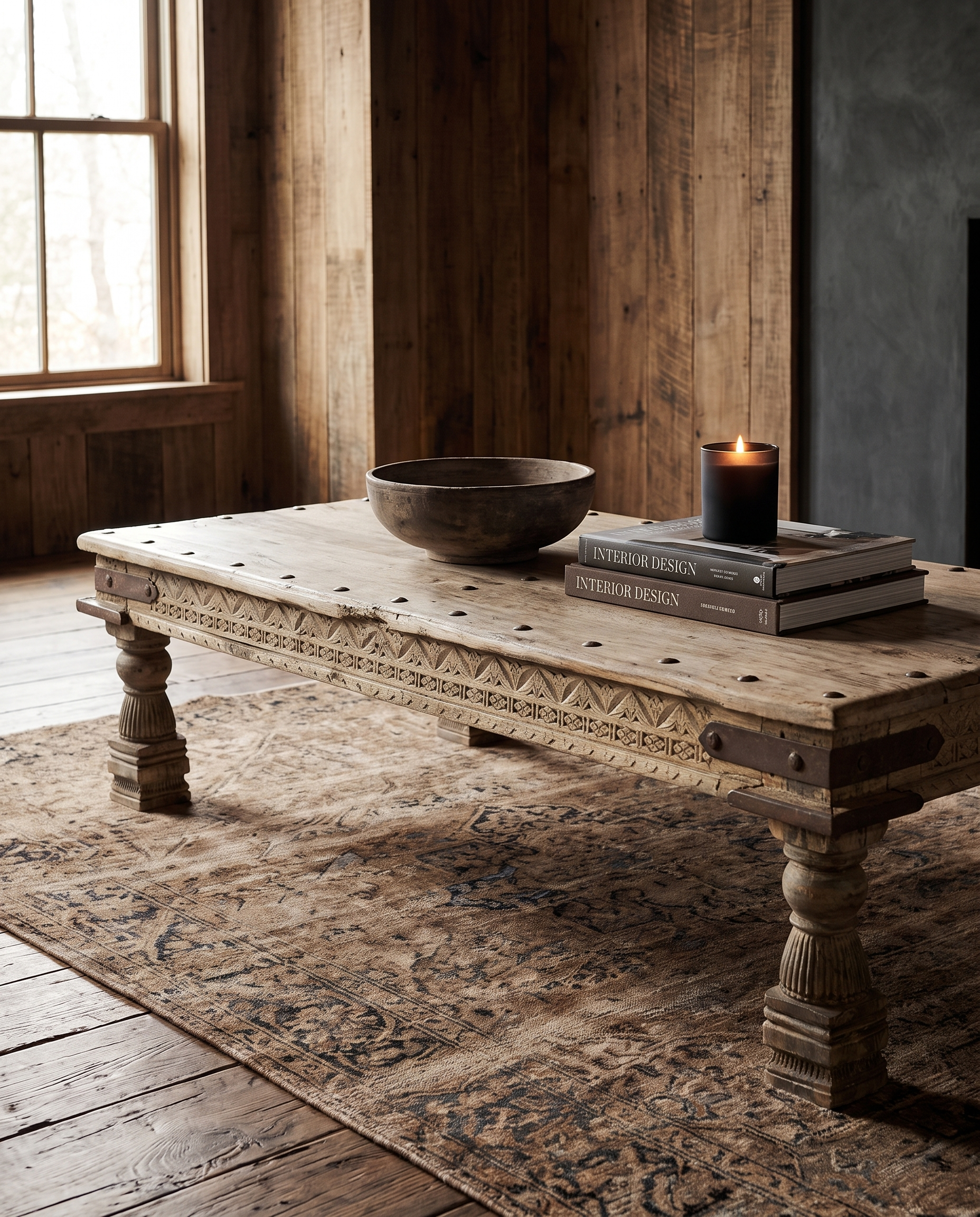 living room furniture modern mountain coffee table Hello Norden - Vidar Salvaged Wood Coffee Table, styled in a modern rustic room