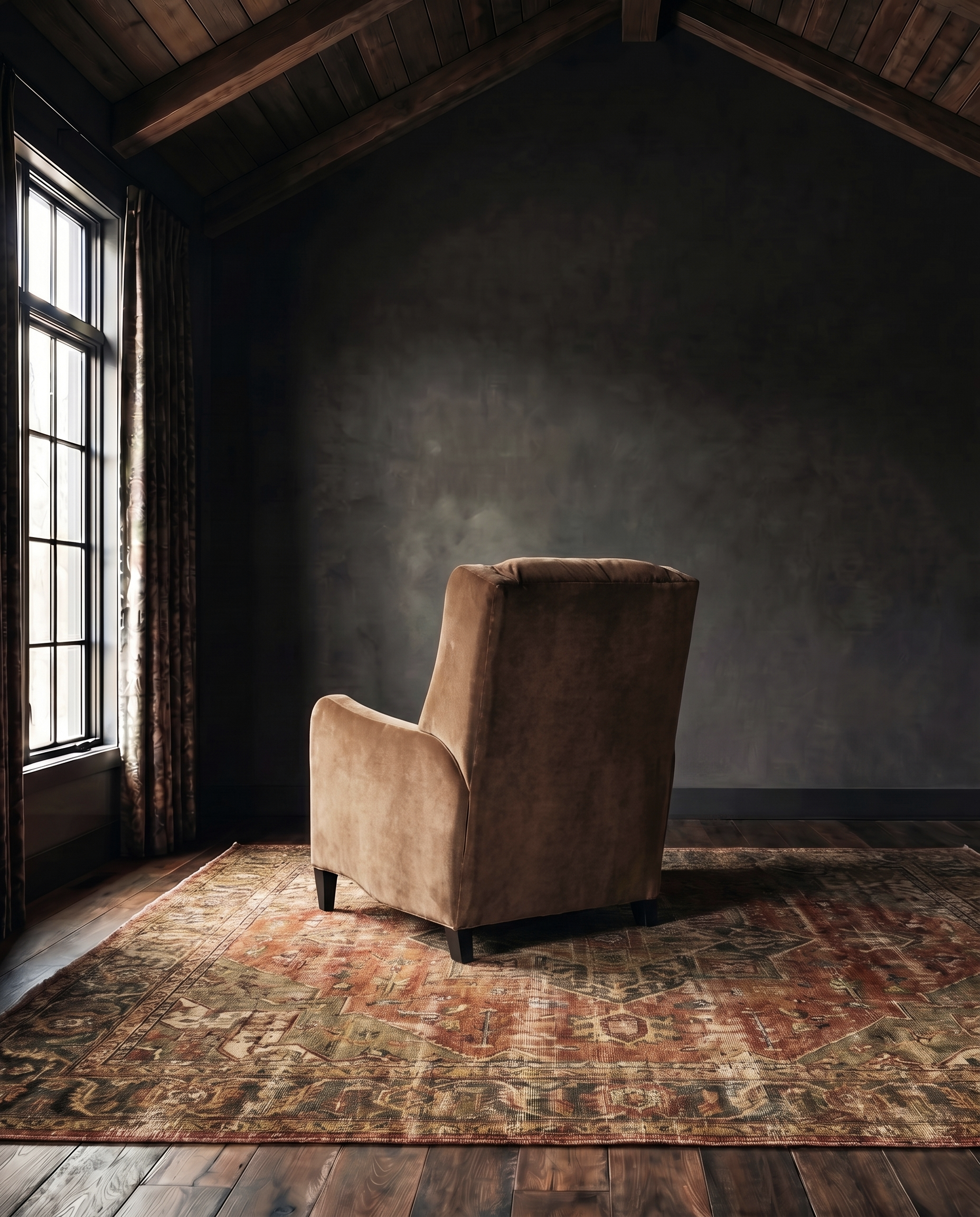 living room custom furniture modern mountain velvet recliner Hello Norden - Viggo Recliner in Banks Eco-Performance Velvet in Yam, shown in a rustic modern room