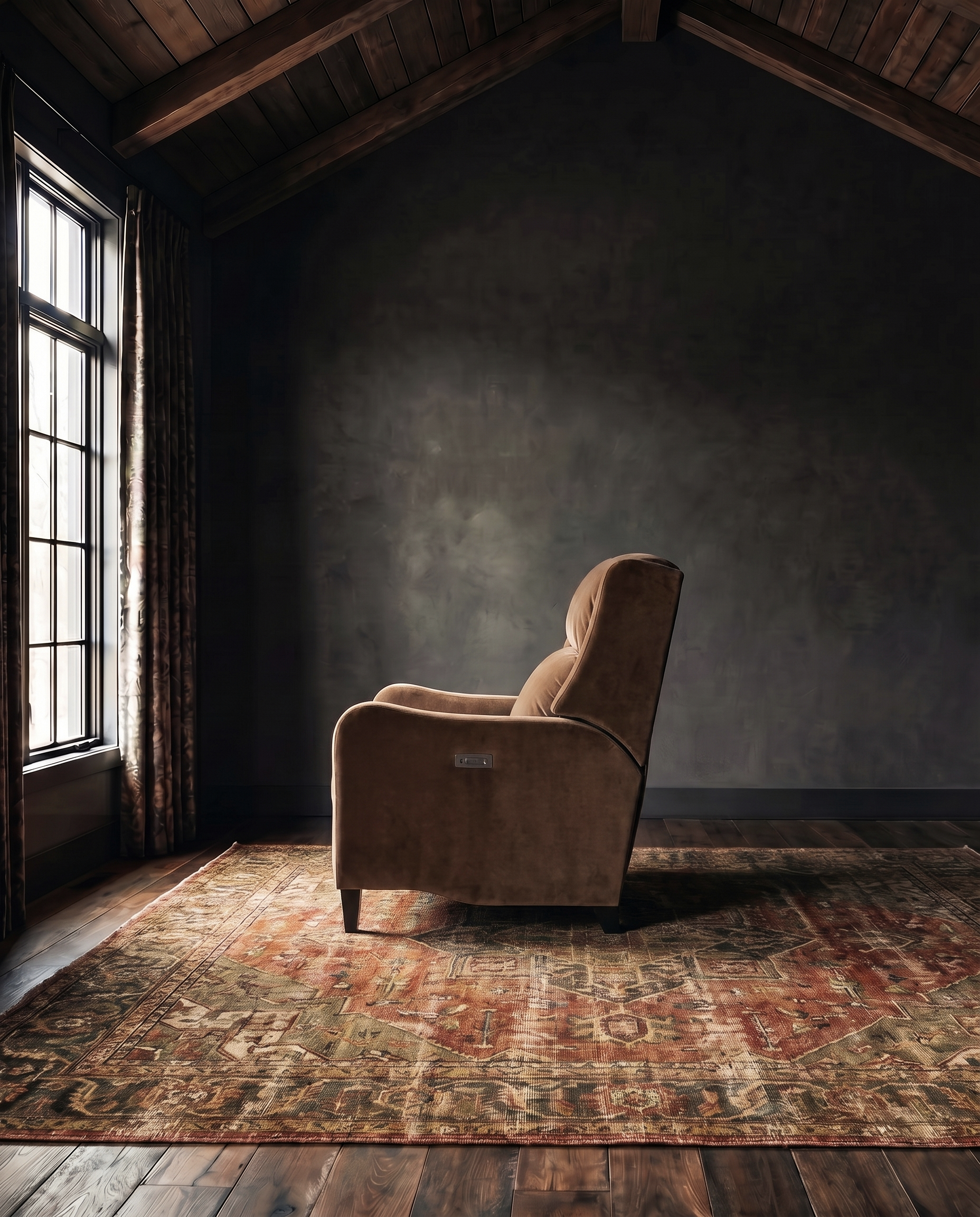 living room custom furniture modern mountain velvet recliner Hello Norden - Viggo Recliner in Banks Eco-Performance Velvet in Yam, shown in a rustic modern room