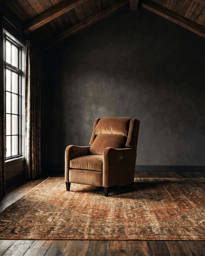 living room custom furniture modern mountain velvet recliner Hello Norden - Viggo Recliner in Banks Eco-Performance Velvet in Yam, shown in a rustic modern room