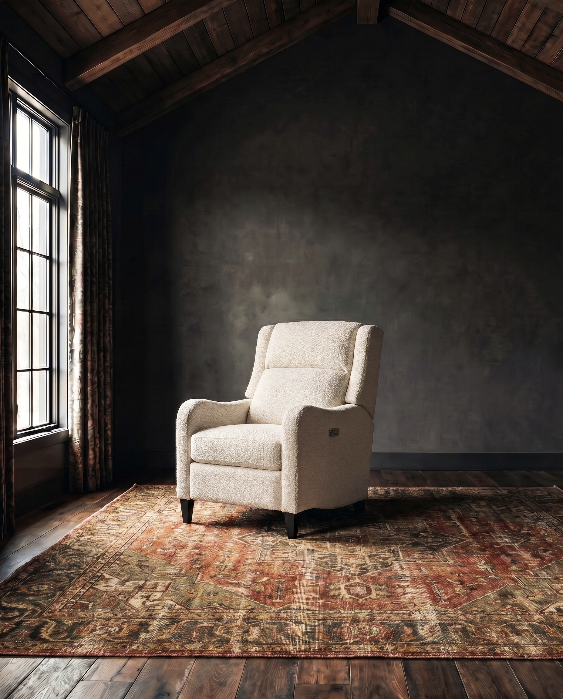 living room custom furniture modern mountain boucle recliner Hello Norden - Viggo Recliner in Haynes Inside/Out Performance Boucle Fabric in Ivory, shown in a rustic modern room