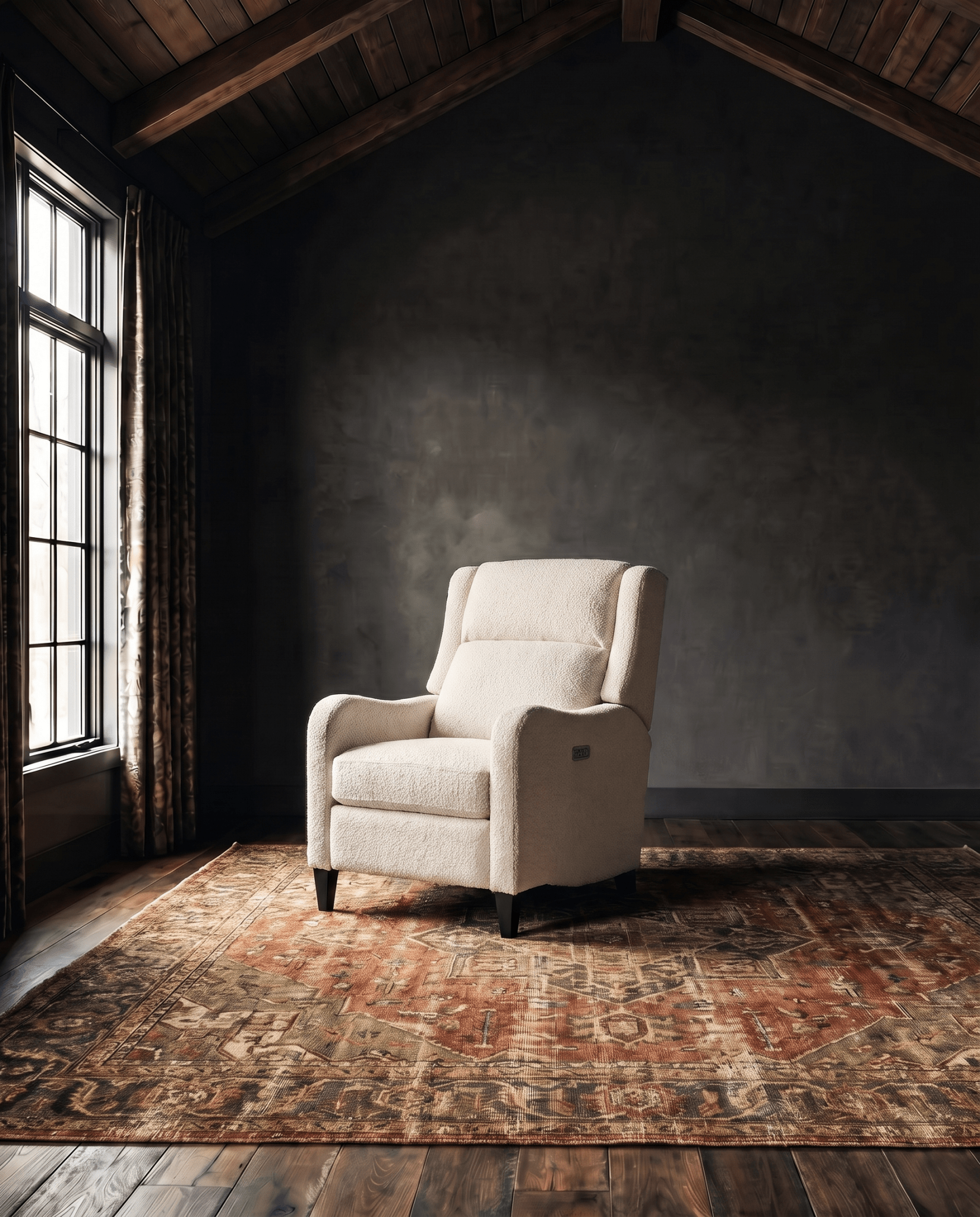 living room custom furniture modern mountain boucle recliner Hello Norden - Viggo Recliner in Haynes Inside/Out Performance Boucle Fabric in Ivory, shown in a rustic modern room