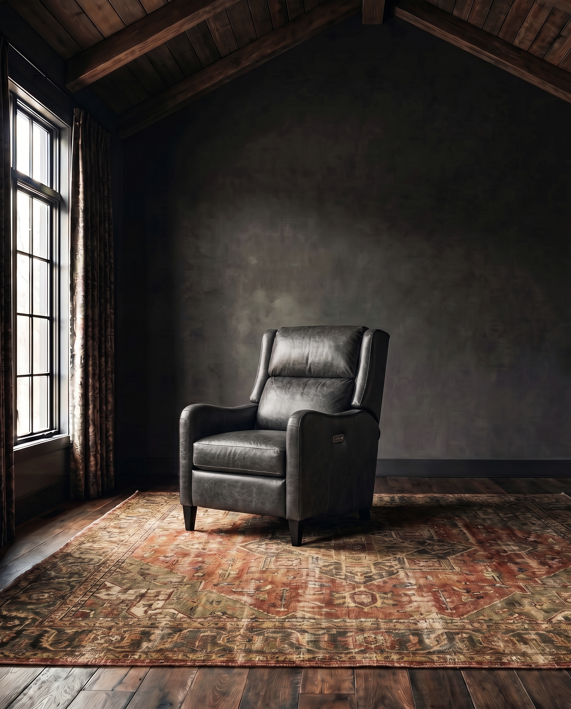 living room custom furniture modern mountain leather recliner Hello Norden - Viggo Recliner in Road Warrior Safety Zone leather, shown in a rustic modern room