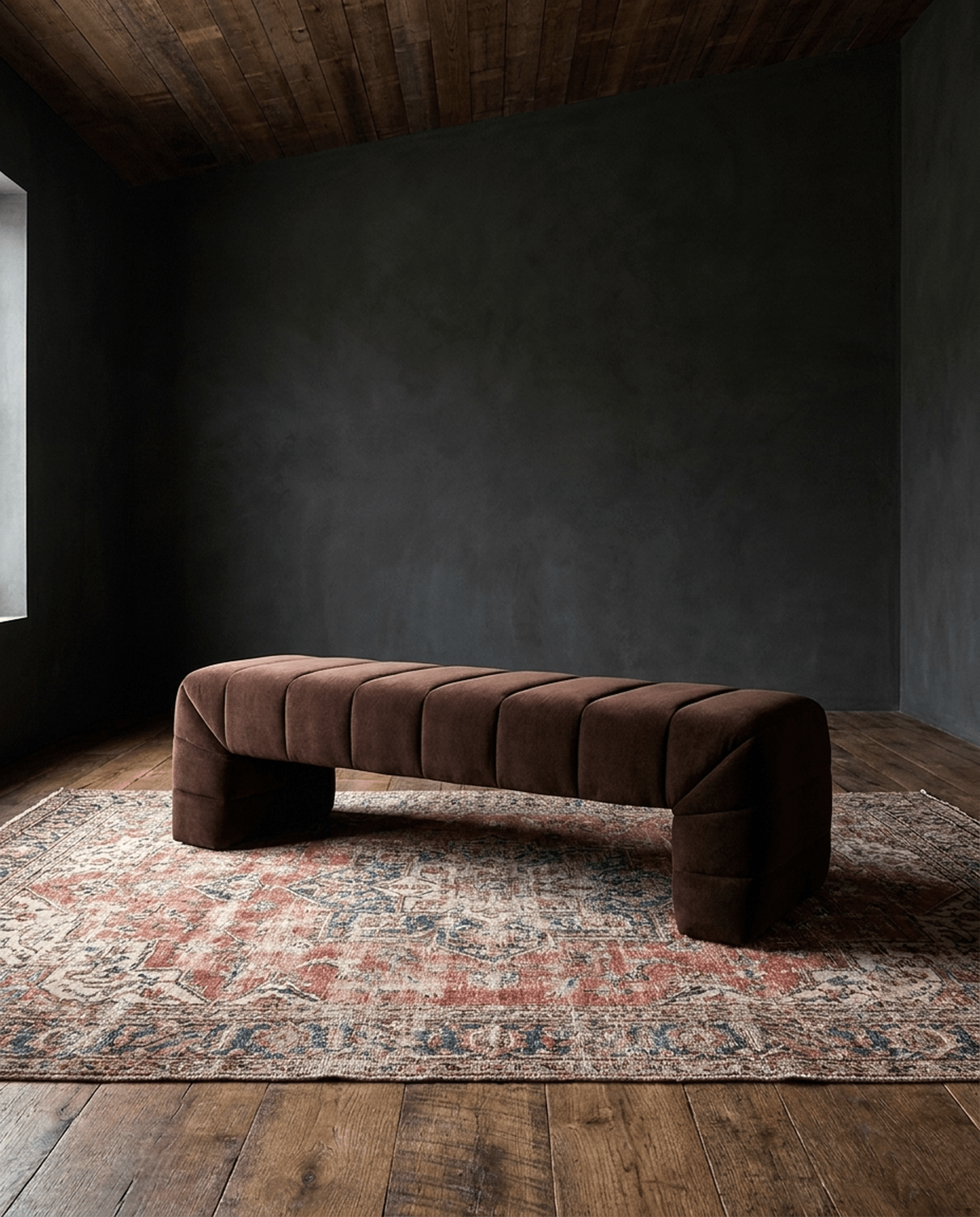 living room furniture modern mountain bench Hello Norden - Viktor Velvet Bench, styled in a modern rustic room