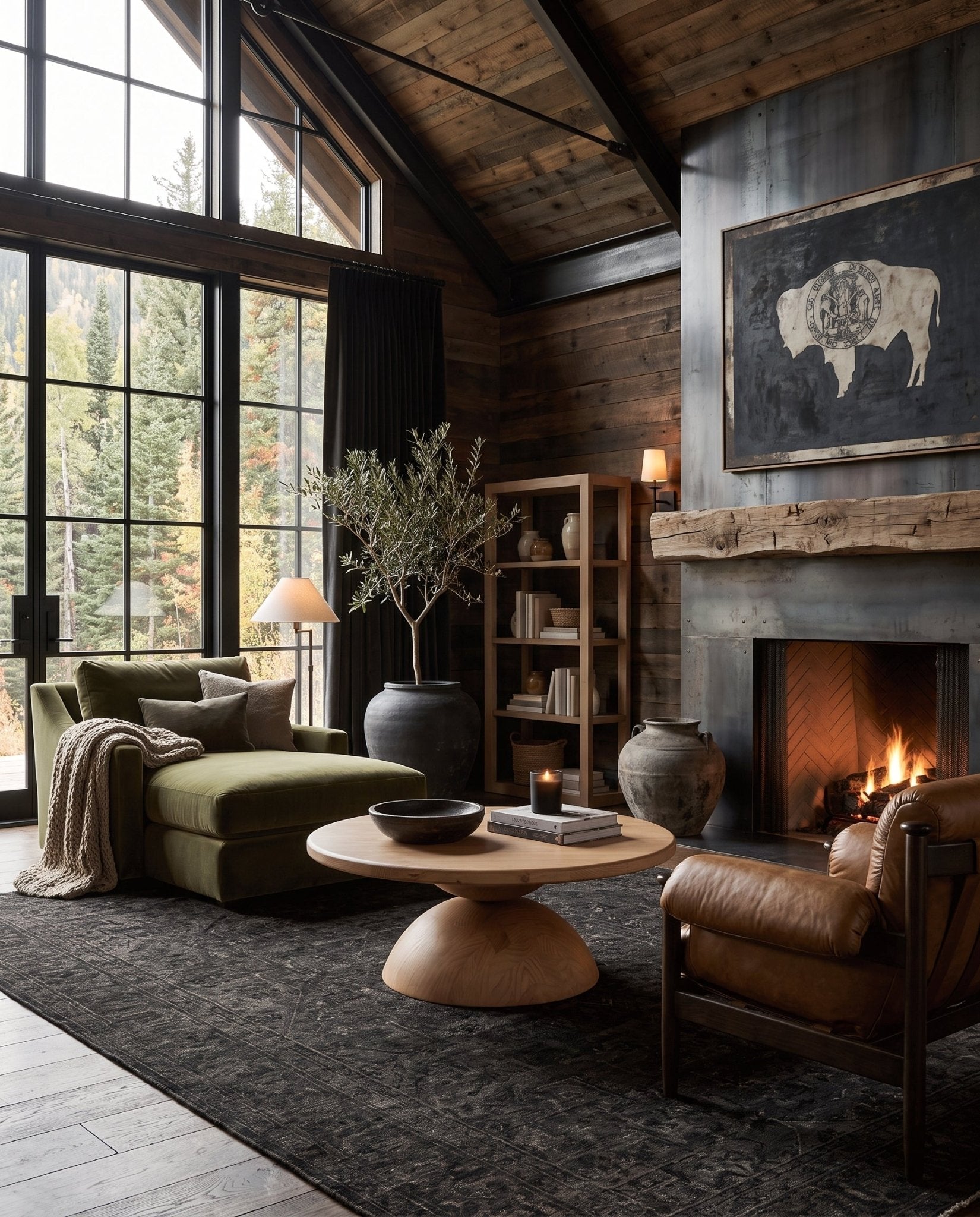 modern mountain Wilhelm Chaise and a Half Lounge Hello Norden, shown in a rustic modern room