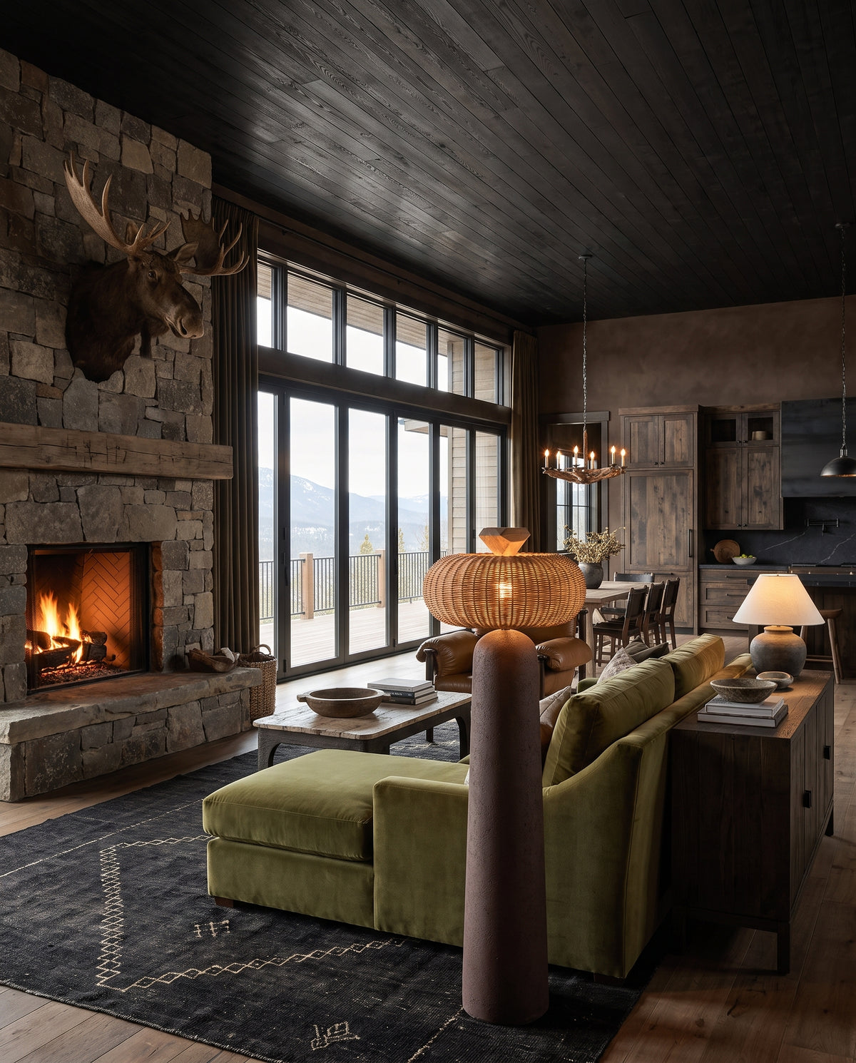 modern mountain Wilhelm Chaise and a Half Lounge Hello Norden, shown in a rustic modern room