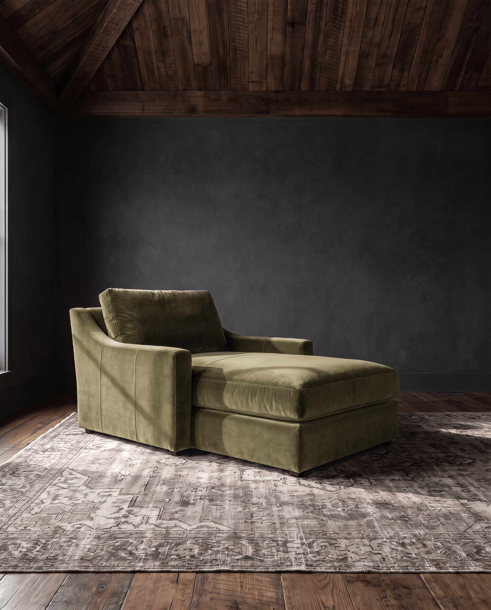 living room custom furniture modern mountain velvet chaise Hello Norden - Wilhelm Chaise Lounge in Banks Eco-Performance Velvet in Olive, shown in a rustic modern room