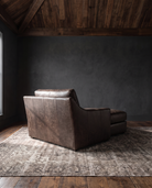 living room custom furniture modern mountain leather chaise Hello Norden - Wilhelm Chaise Lounge in St Croix Holm Sweet Holm leather, shown in a rustic modern room