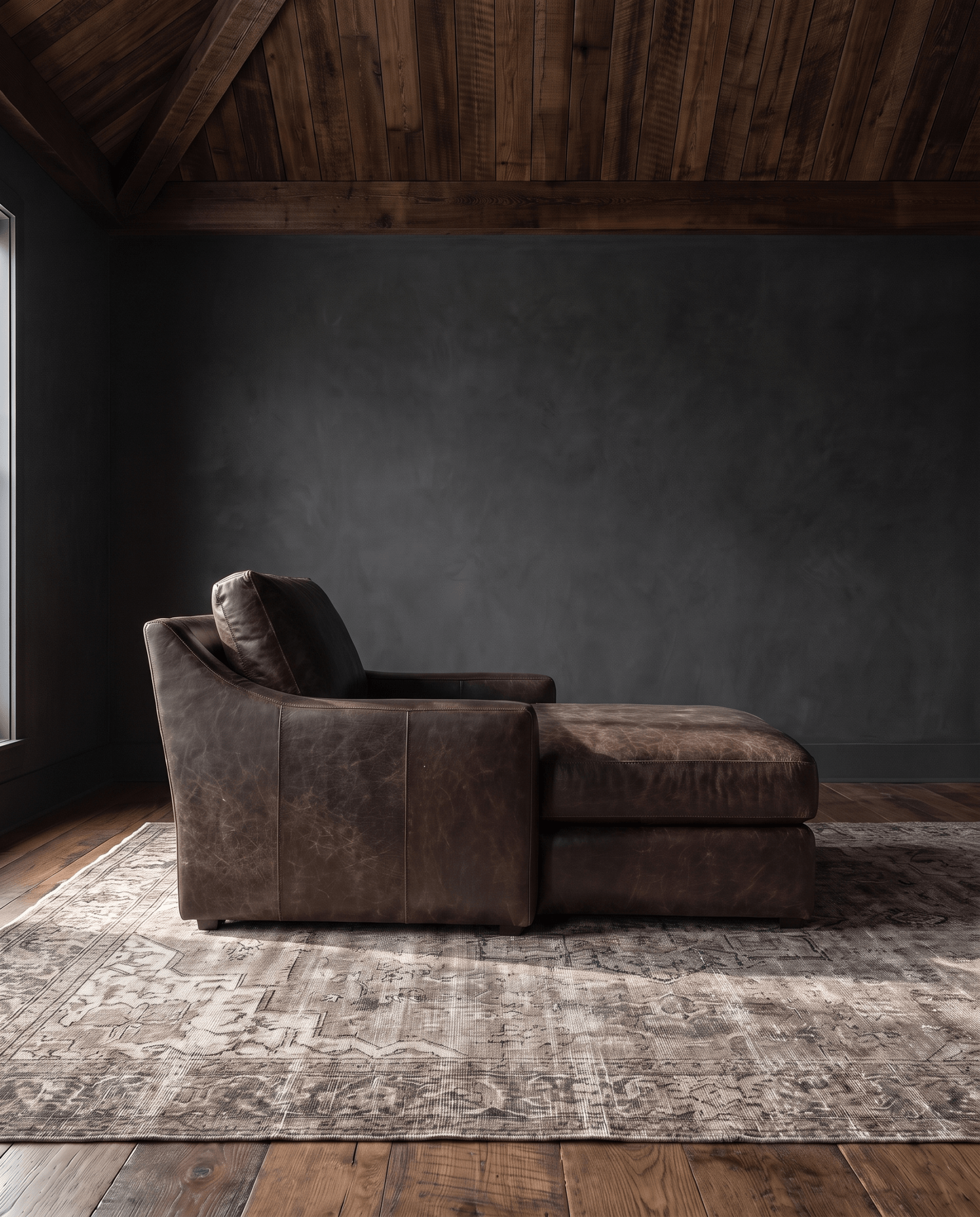 living room custom furniture modern mountain leather chaise Hello Norden - Wilhelm Chaise Lounge in St Croix Holm Sweet Holm leather, shown in a rustic modern room