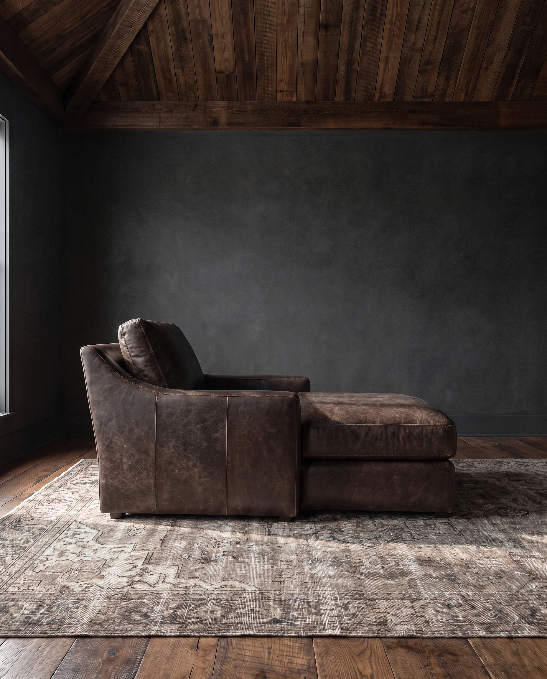 living room custom furniture modern mountain leather chaise Hello Norden - Wilhelm Chaise Lounge in St Croix Holm Sweet Holm leather, shown in a rustic modern room