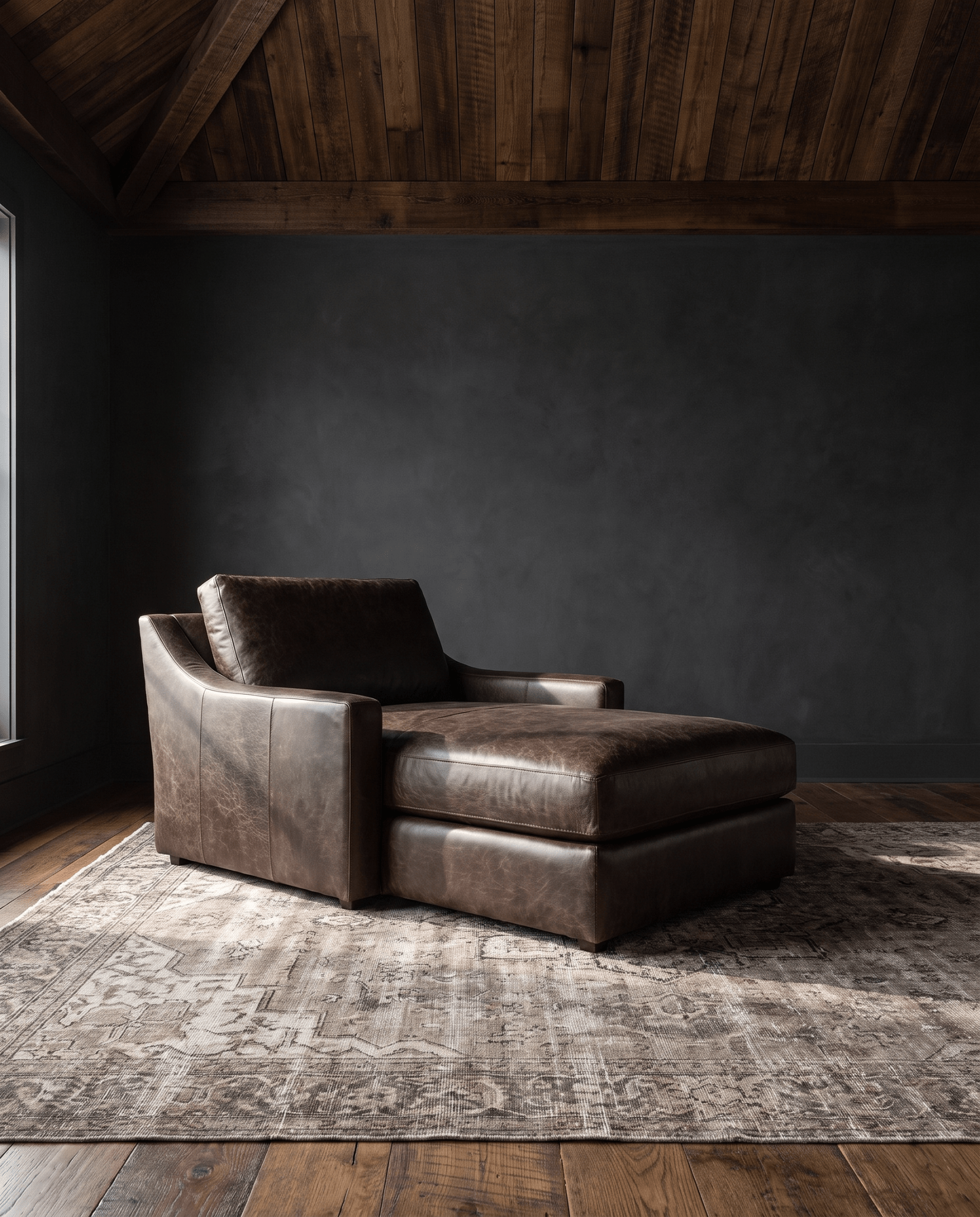 living room custom furniture modern mountain leather chaise Hello Norden - Wilhelm Chaise Lounge in St Croix Holm Sweet Holm leather, shown in a rustic modern room