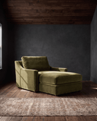 living room custom furniture modern mountain velvet chaise Hello Norden - Wilhelm Double Chaise Lounge in Banks Eco-Performance Velvet in Olive, shown in a rustic modern room