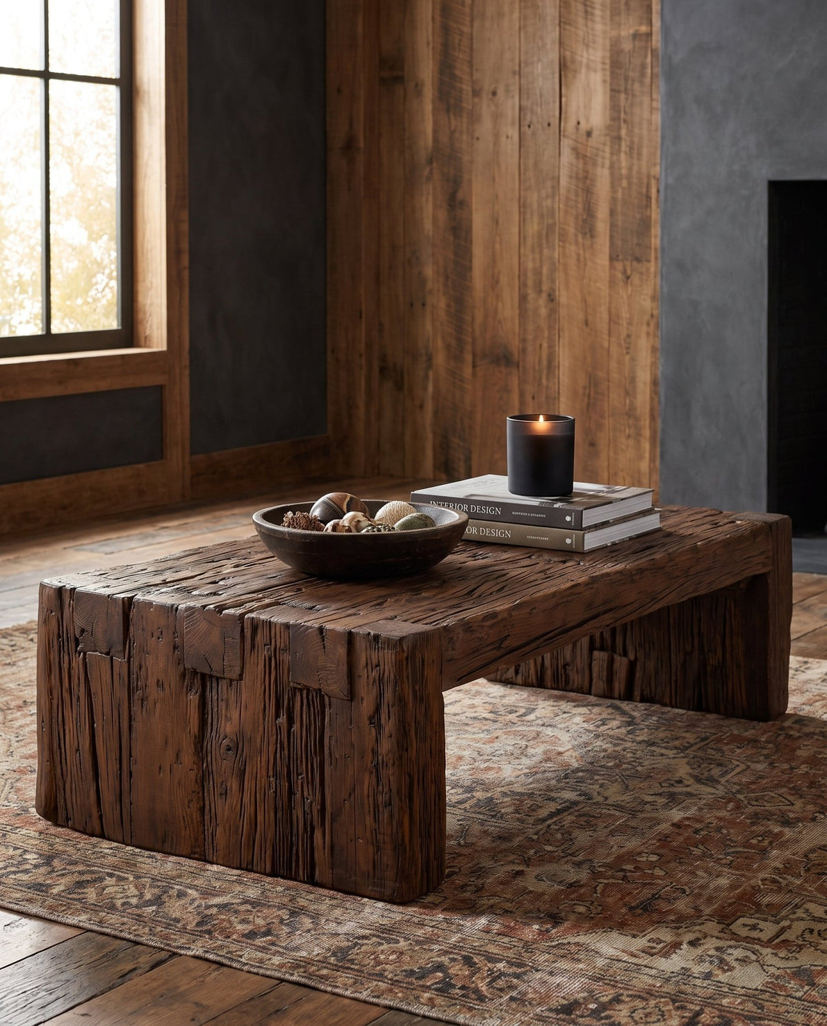 living room furniture modern mountain reclaimed mango wood coffee table Hello Norden - Filip Coffee Table, styled in a modern rustic room