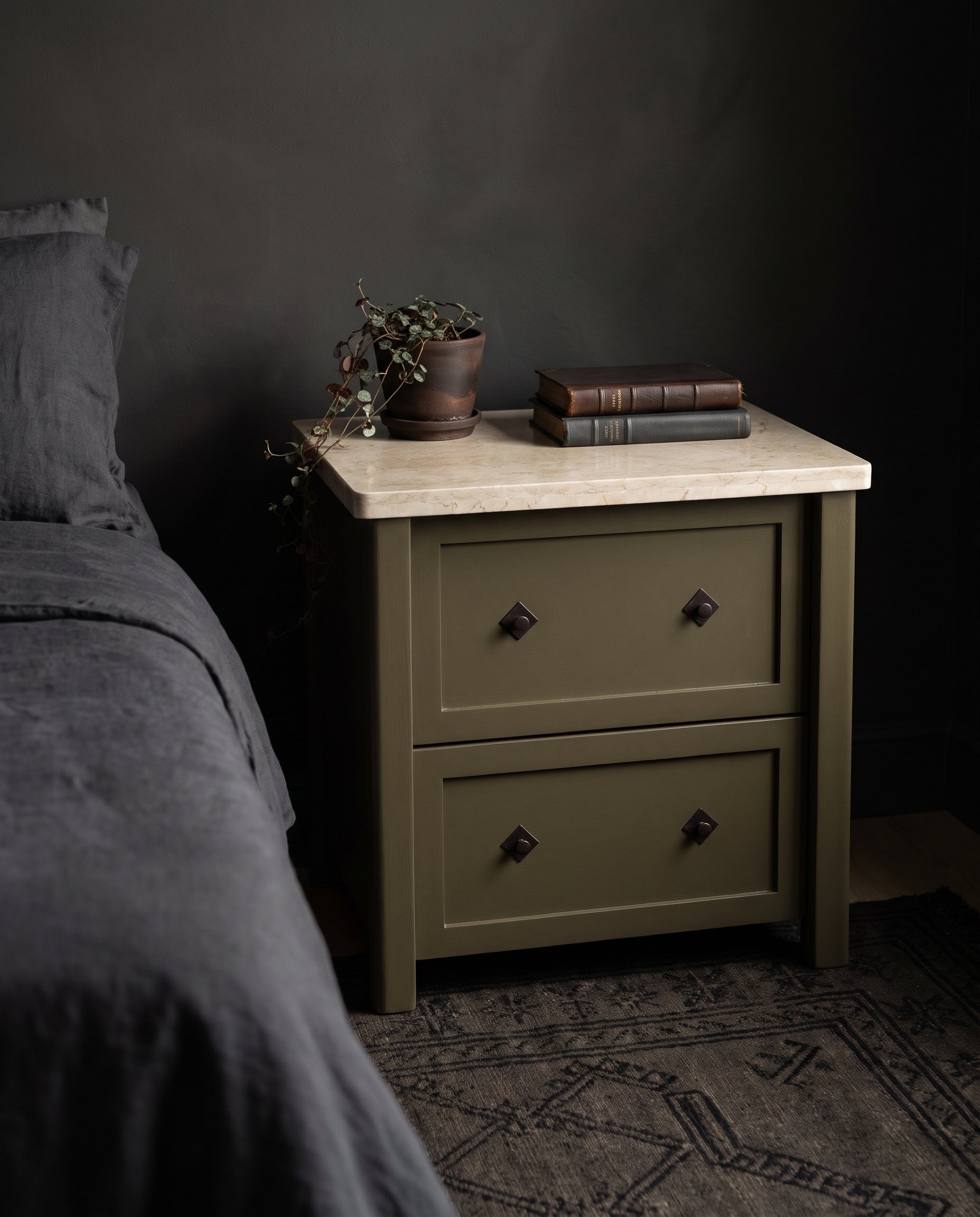 bedroom furniture modern mountain frame: solid mango wood and engineered wood nightstand Hello Norden - Sondre Nightstand, styled in a modern rustic room