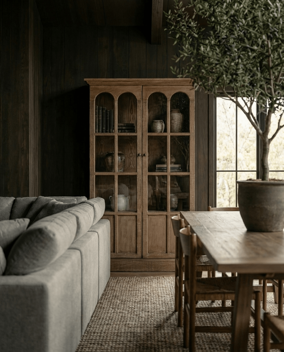 Linnus bookcase reclaimed pine wood bleached bare glass door tall cabinet Hello Norden