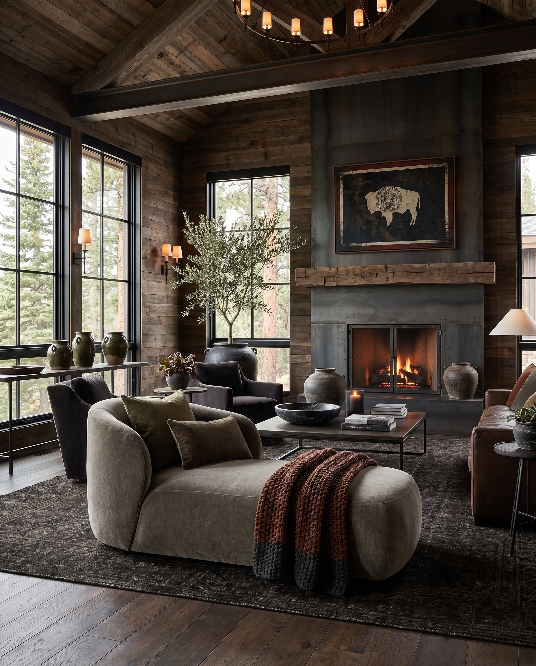 living room furniture modern mountain velvet fabric chaise Hello Norden - Yngvar Chaise, styled in a modern rustic room