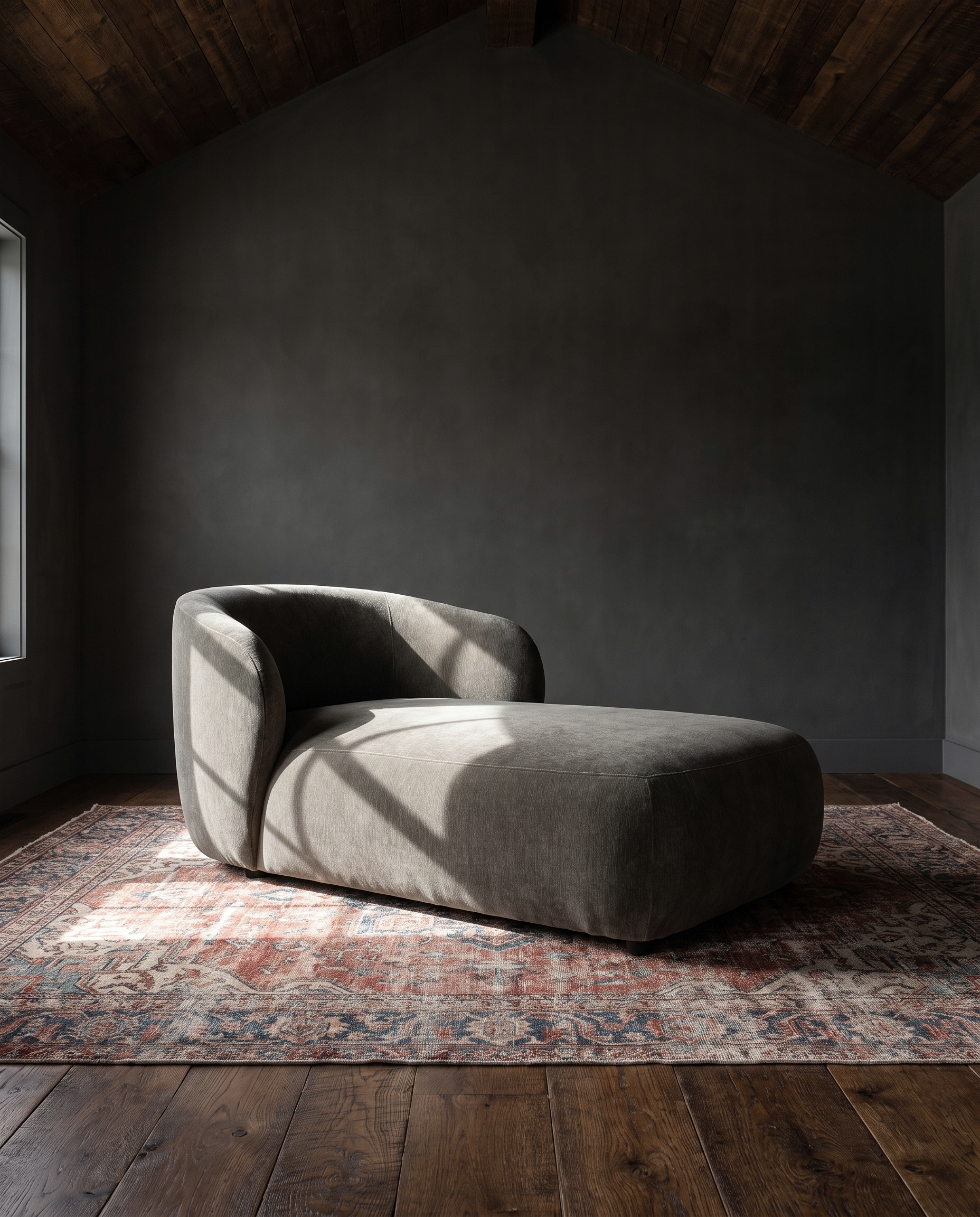 living room furniture modern mountain velvet fabric chaise Hello Norden - Yngvar Chaise, styled in a modern rustic room
