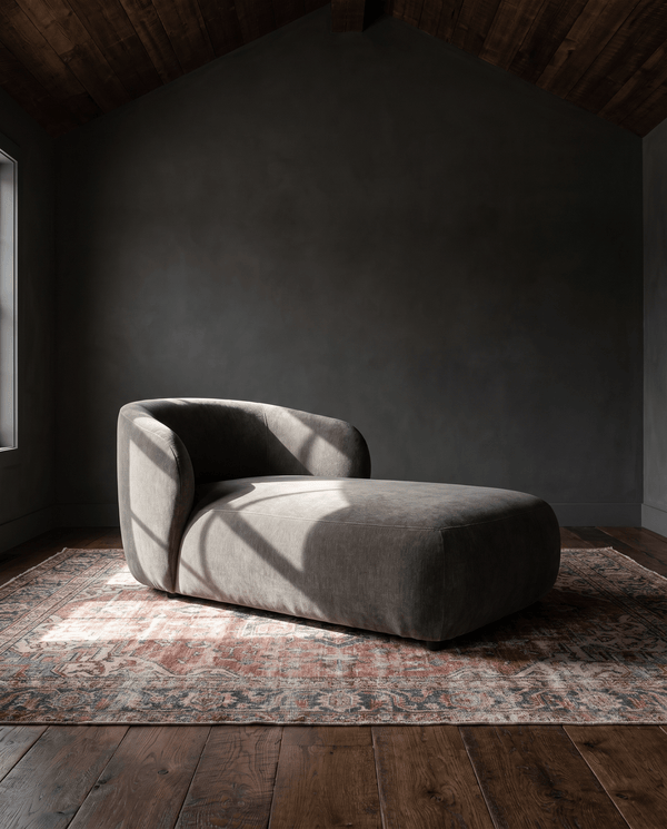 living room furniture modern mountain velvet fabric chaise Hello Norden - Yngvar Chaise, styled in a modern rustic room