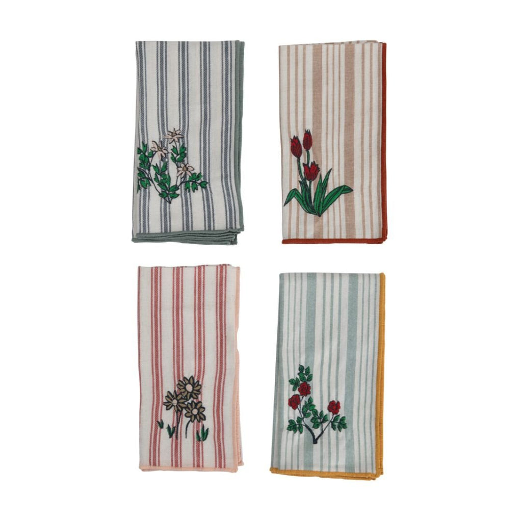 Cotton Napkins with Stripe and Floral Embroidery - Table Linens - Hello Norden