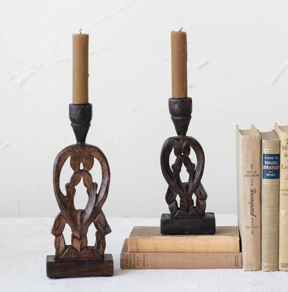 Hand-Carved Wood Taper Holders, Walnut Finish - Candle Holders - Hello Norden
