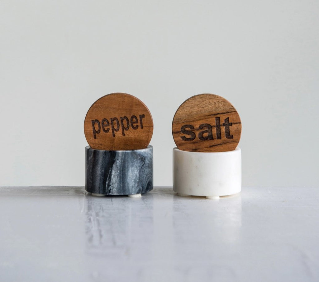 Marble Salt & Pepper Containers w/ Wood Lids - Dinnerware - Hello Norden