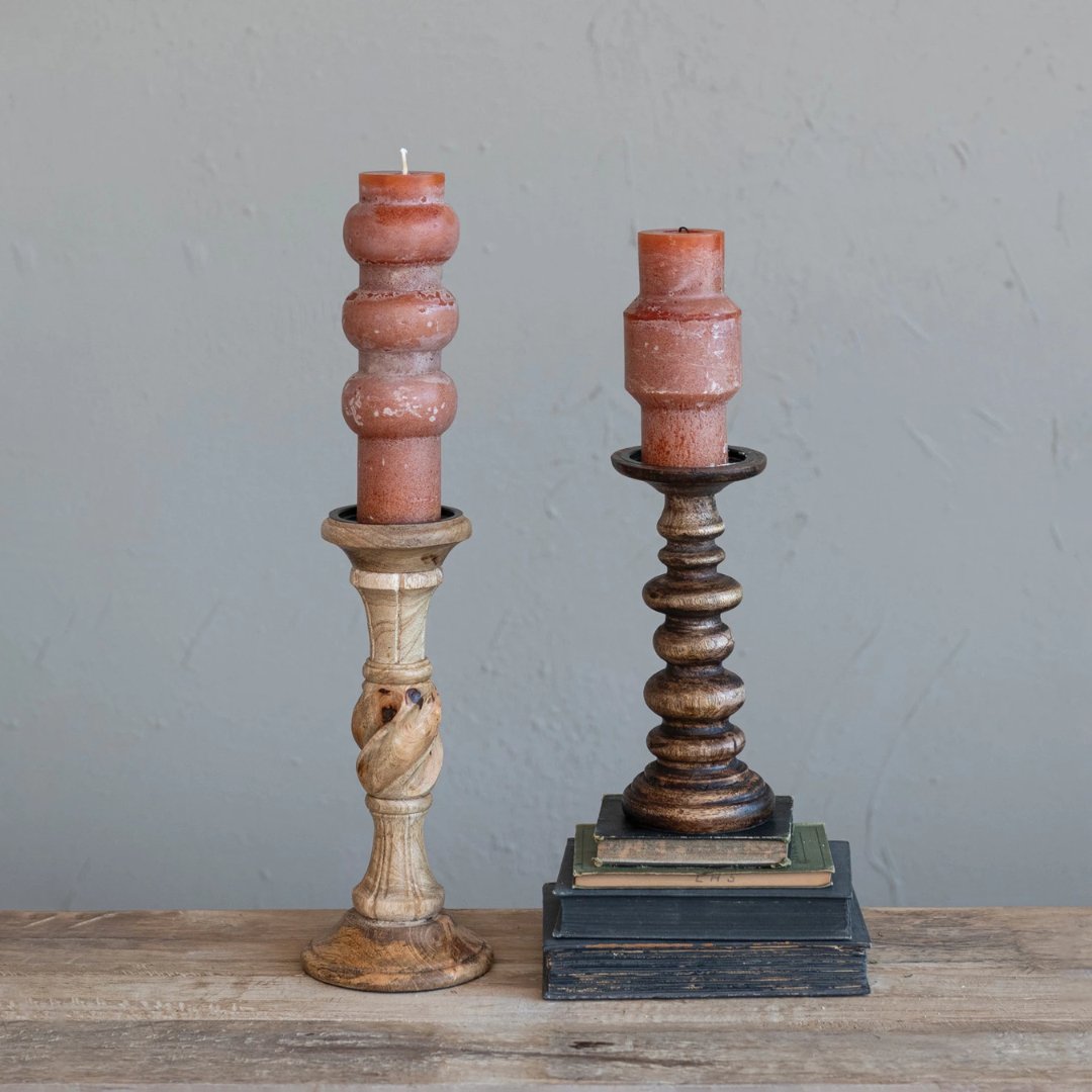 Rayna Hand-Carved Mango Wood Taper Holder - Candle Holders - Hello Norden