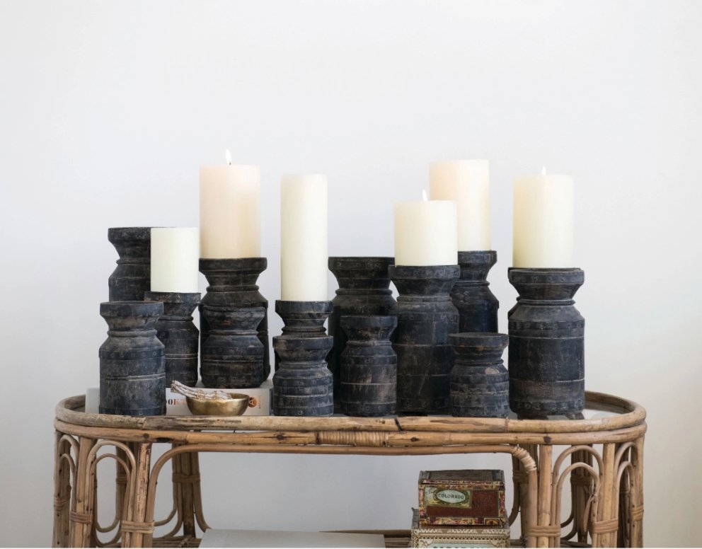 Rustic Reclaimed Wood Carved Pillar Candle Holders - Candle Holders - Hello Norden