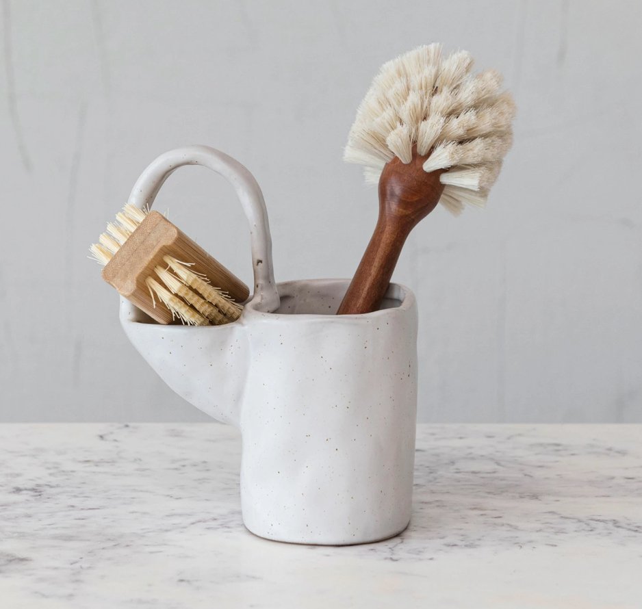 Stoneware Sponge & Brush Holder w/ Handle & 2 Sections - Apothecary Accessories - Hello Norden